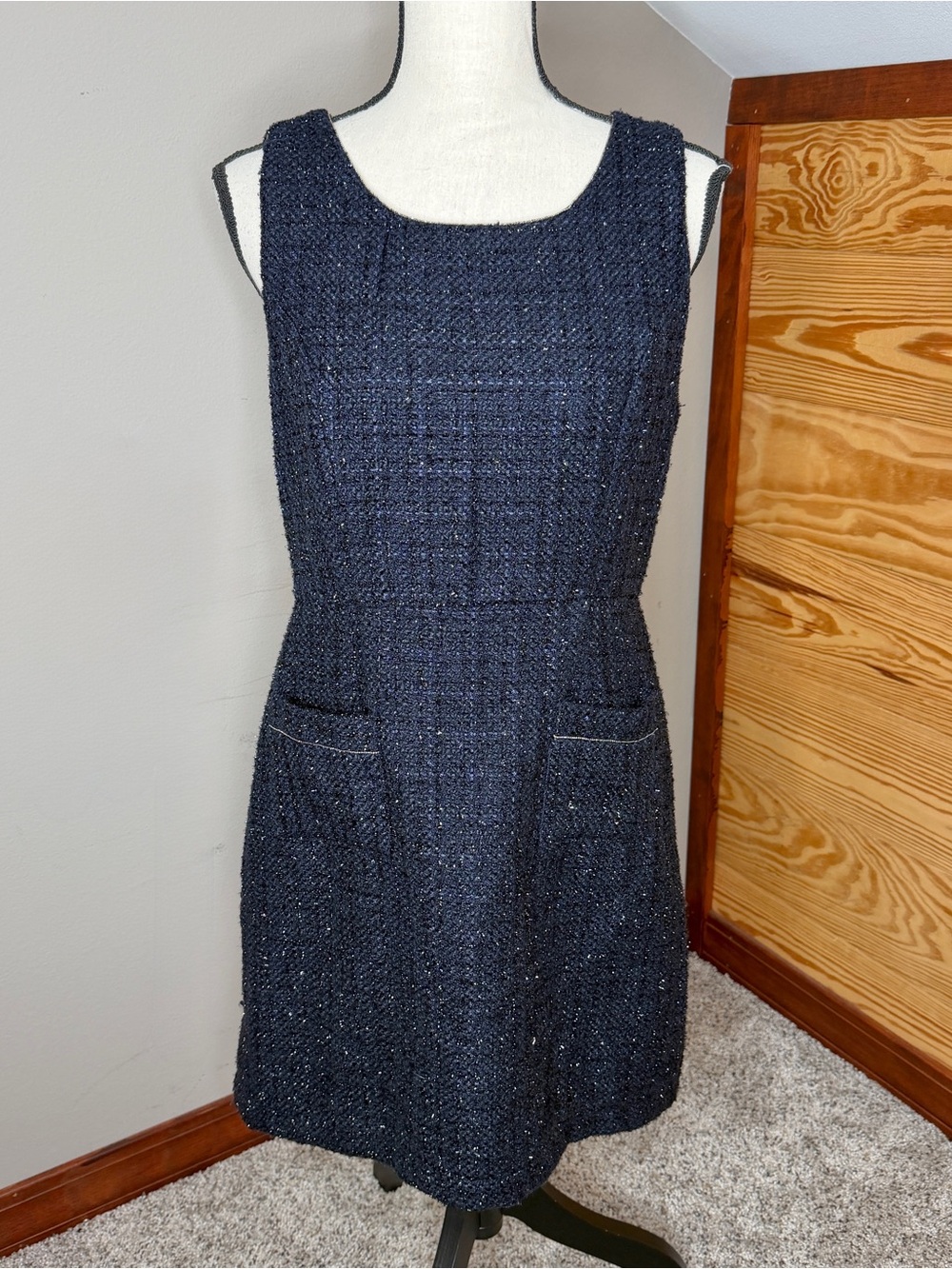 Monteau Tweed Metallic Shimmer Sleeveless Sheath Mini Dress Navy Blue Large L